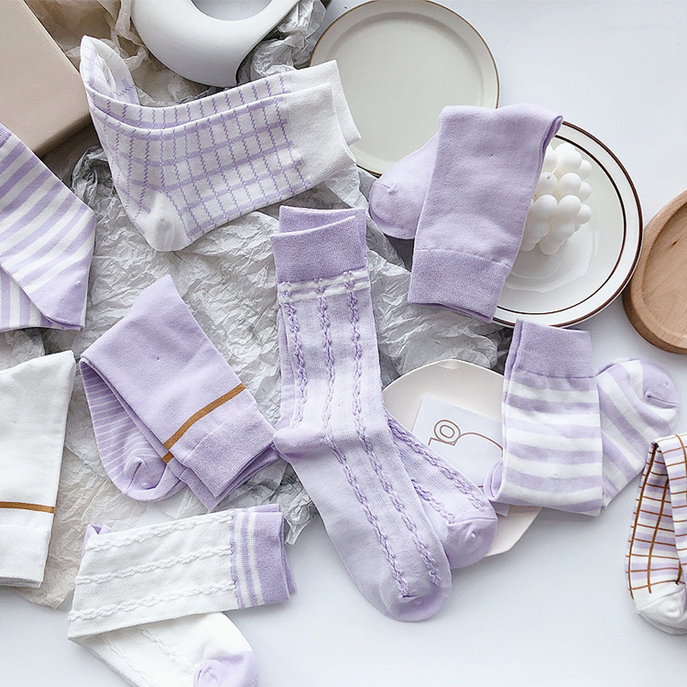 Vớ cotton cổ cao họa tiết ca rô / kẻ sọc phong cách vintage đơn giản dành cho nữ