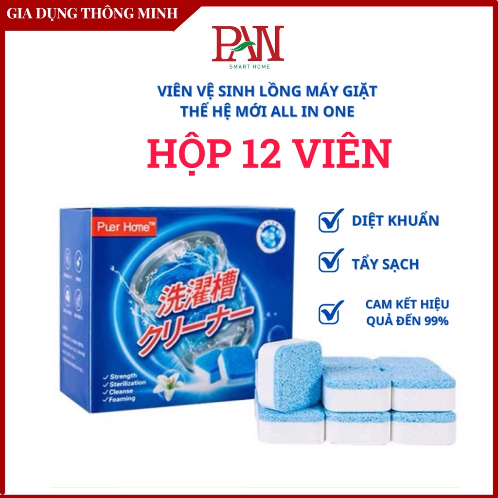 Viên vệ sinh lồng giặt viên tẩy sạch vết bẩn máy cho máy giặt, hộp 12 viên tẩy vệ sinh công nghệ mới siêu sạch