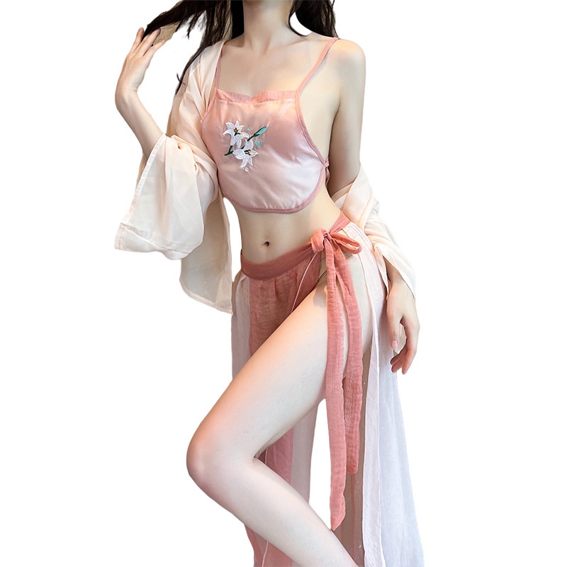 Váy ngủ xẻ tà + yếm + áo choàng họa tiết hoa 342 | BigBuy360 - bigbuy360.vn