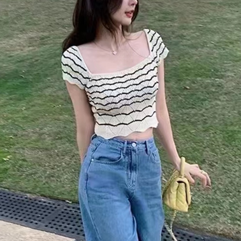 Đầm dệt kim SUXI cổ vuông không tay họa tiết kẻ sọc thời trang mùa hè cho nữ