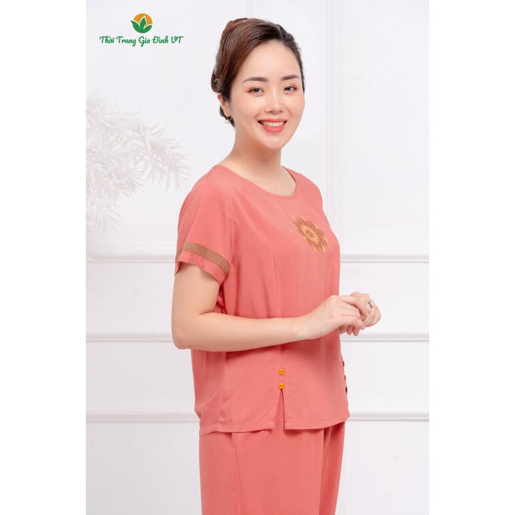Đồ mặc nhà trung niên mùa hè Việt Thắng, quần lửng, áo cộc tay, chất lanh - B26.2202