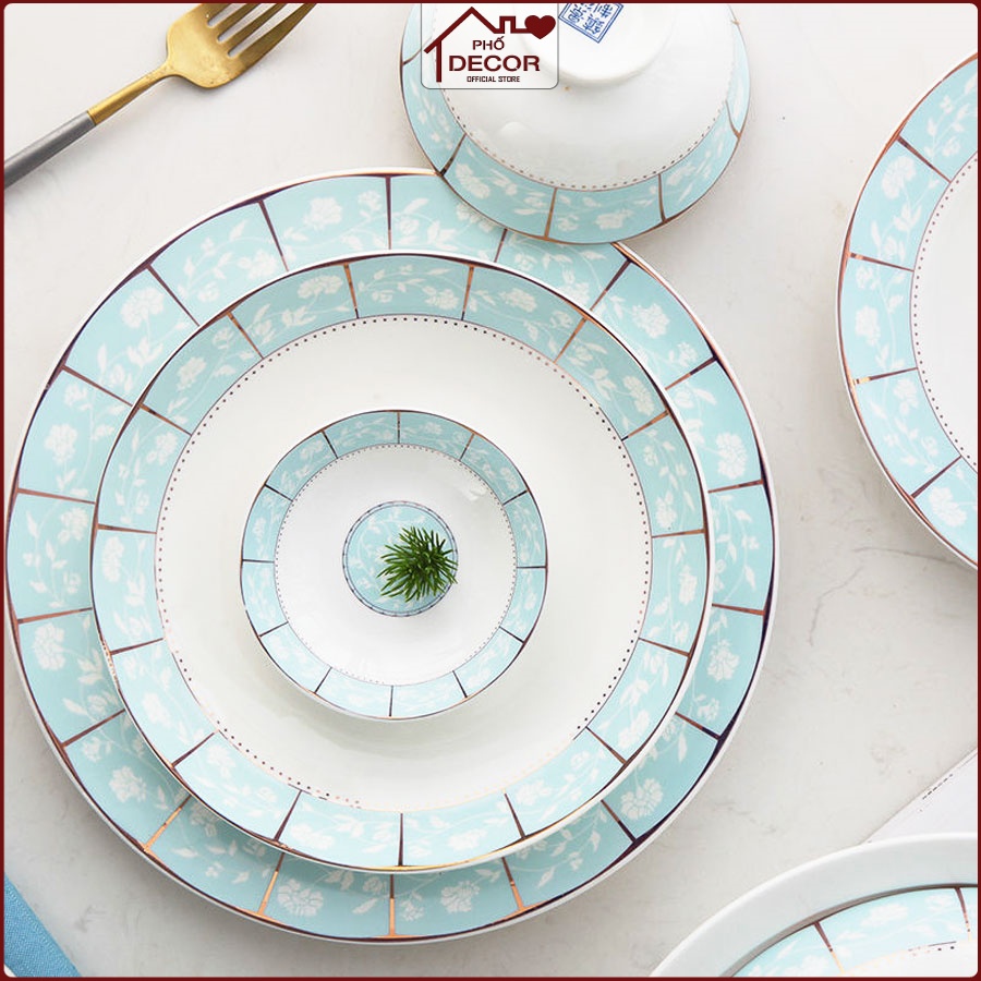 Bộ Bát Đĩa Hoa Xanh Ngọc Phố Decor Chất Liệu Sứ Xương Cao Cấp