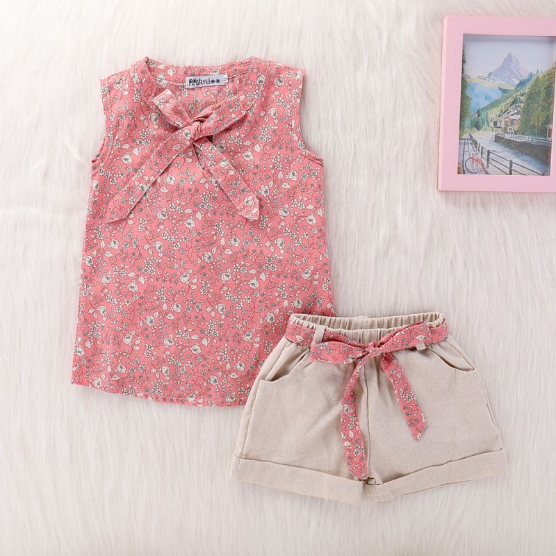 Set Áo Thun Tay Ngắn &amp;Amp; Quần Short In Hoa Cho Bé Gái