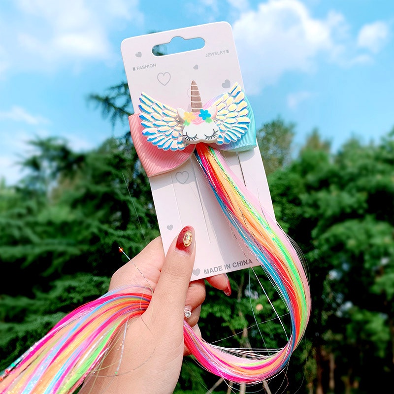 Tóc giả nối dài WE FLOWER trang trí nơ có kẹp giữ nhiều màu sắc phong cách công chúa xinh xắn dành cho bé gái