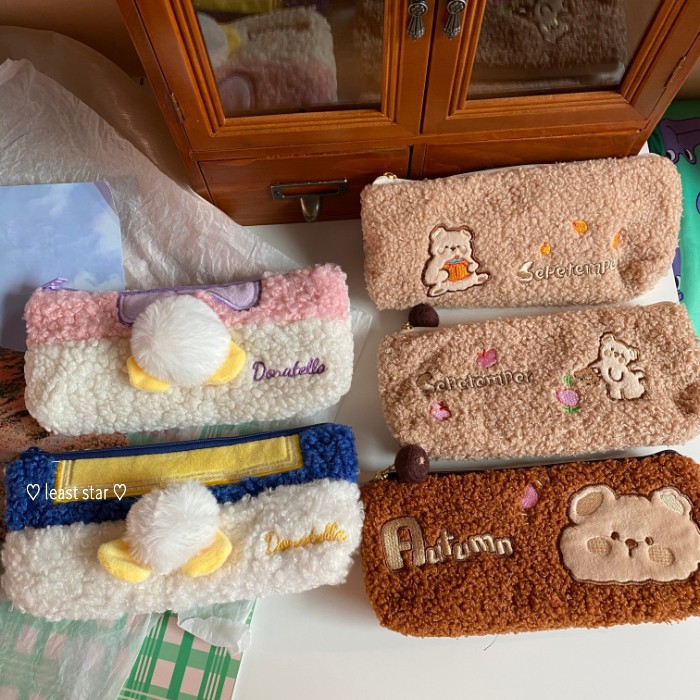 Túi Đựng Bút Thêu Hình Gấu Hoạt Hình Phối Khóa Kéo Xinh Xắn