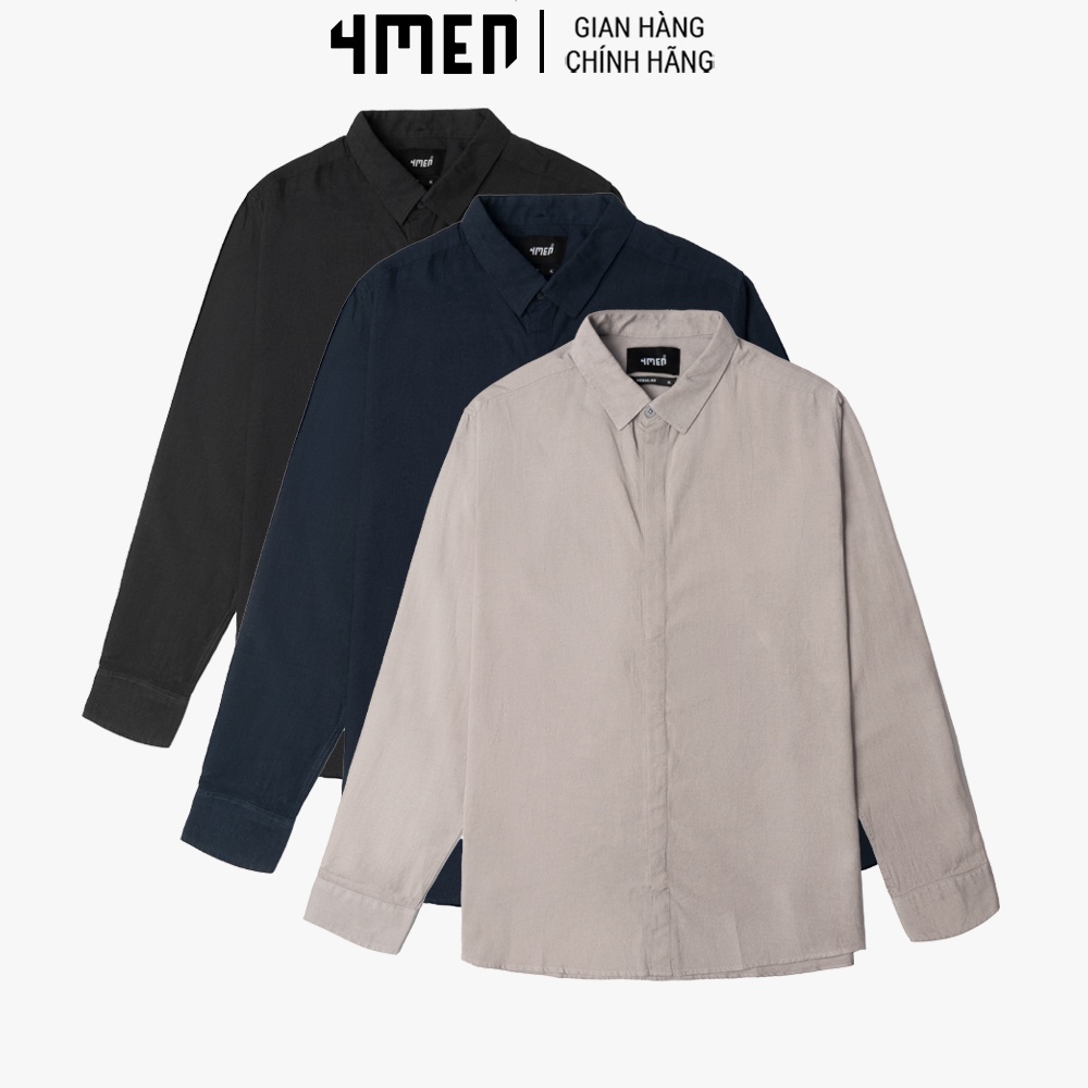 Áo Sơ Mi Nam Linen Regular Giấu Nút 4MEN ASM108 tay dài, cổ bẻ, vải linen thoáng mát, thấm mồ hôi tốt