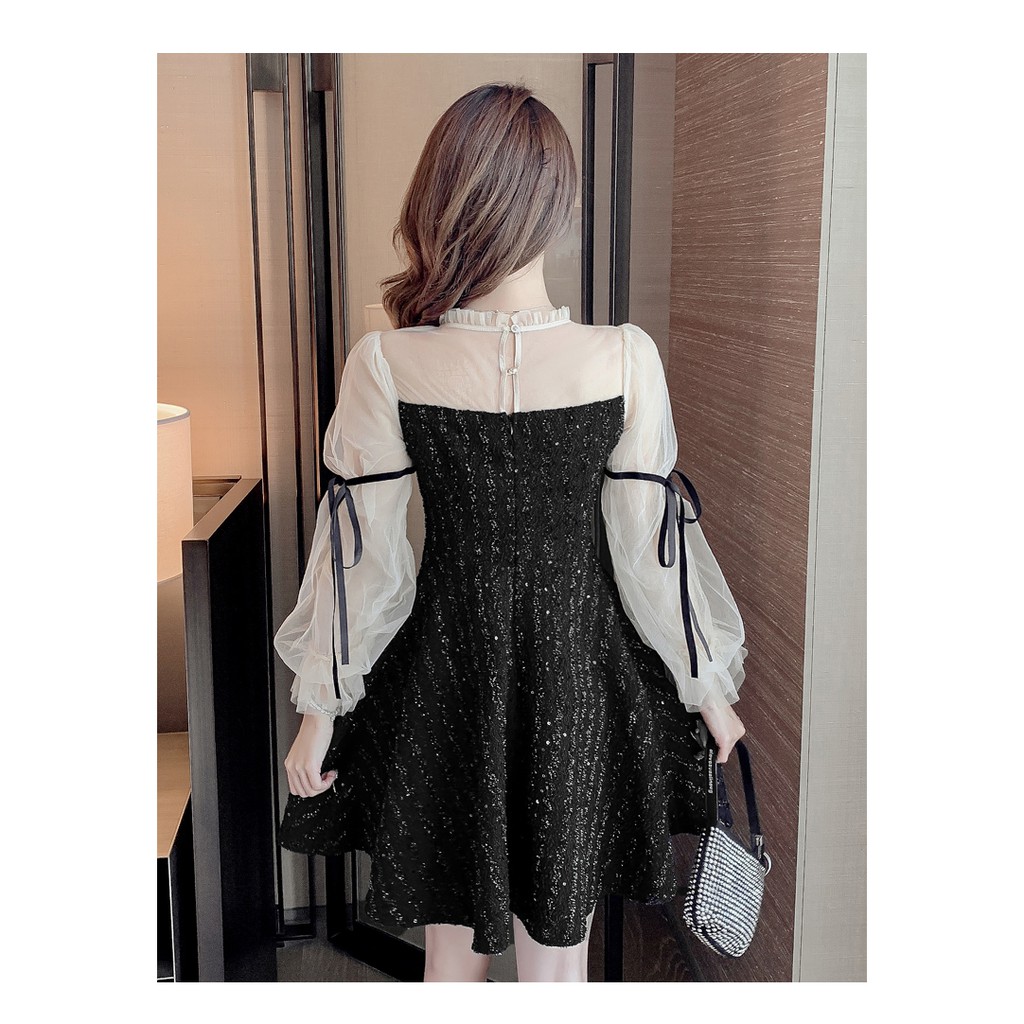 🌸Hàng Order🌸Váy Tay Voan Phối Cúc Tay Thắt Nơ Lấp Lánh 🌸Hàng Quảng Châu