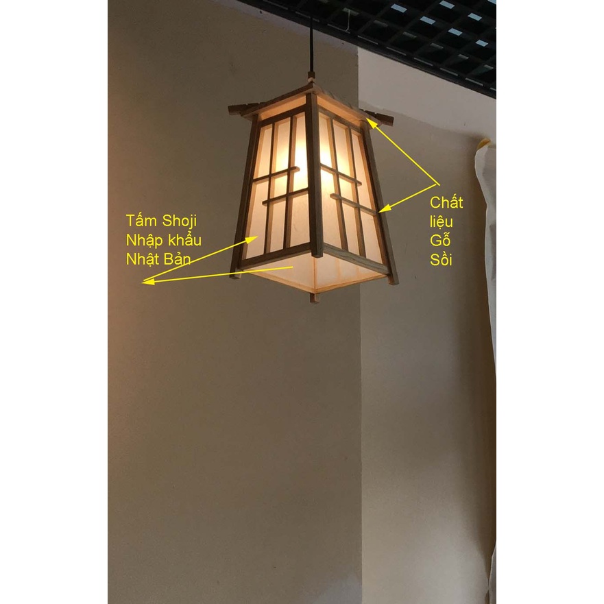 Đèn gỗ thả trần, đèn gỗ phòng trà, phòng thiền phong cách Nhật bản, gỗ Sồi tự nhiên và Shoji Nhật, kt 23 x 23 x 37cm