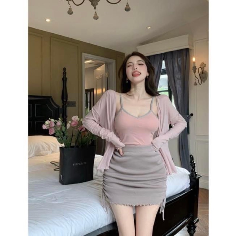 Set áo kiểu hai dây thun trơn kèm áo khoác cardigan tay dài mỏng và chân váy ngắn ôm body thun co dãn - Order taobao