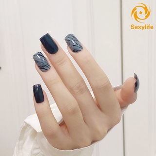 (Hàng Mới Về) Set 24 Móng Tay Giả Màu Xanh Dương Và Xám Thời Trang Kèm Keo Dán