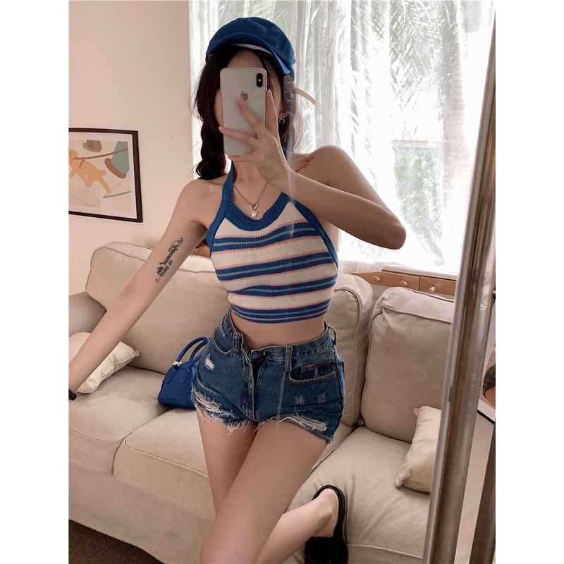 Áo Dệt Kim Cổ Yếm Hở Lưng Họa Tiết Kẻ Sọc Ngọt Ngào