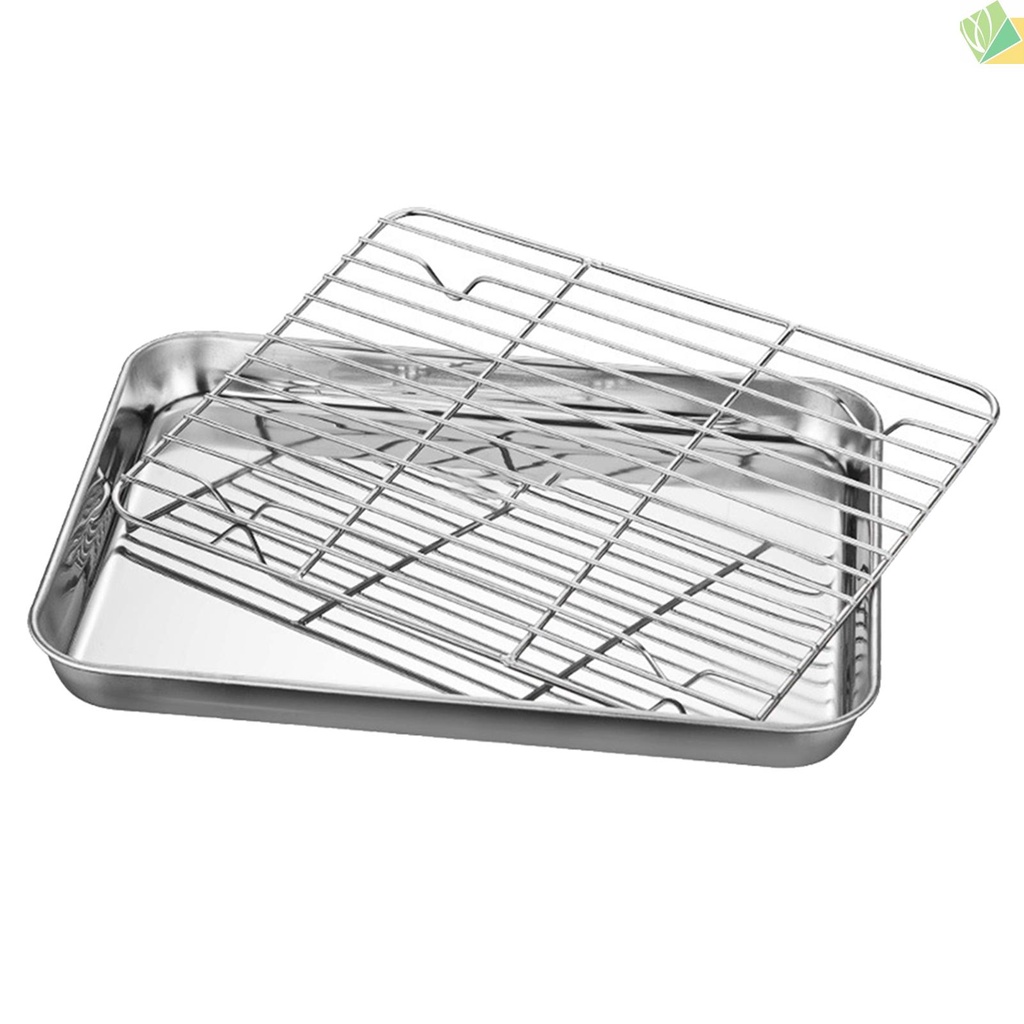 (sicily) Stainless Steel Flat Bottom Baking Tray with Mesh Set Square Barbecue Plate with Cooling Rack Drip Pan Baking Plate Barbecue Tray Bakeware (23*17*2.5cm)