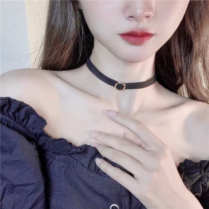 Vòng cổ choker bằng da màu đen phong cách gothic cổ điển cho nữ