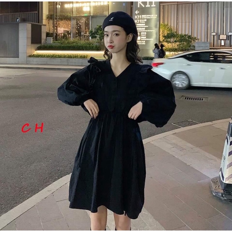 Đầm nữ babydoll tay bồng cánh rơi tay dài dáng xoè hai mầu đen trắng - Váy tiểu thư siêu đẹp freesize phong cách vintage | BigBuy360 - bigbuy360.vn