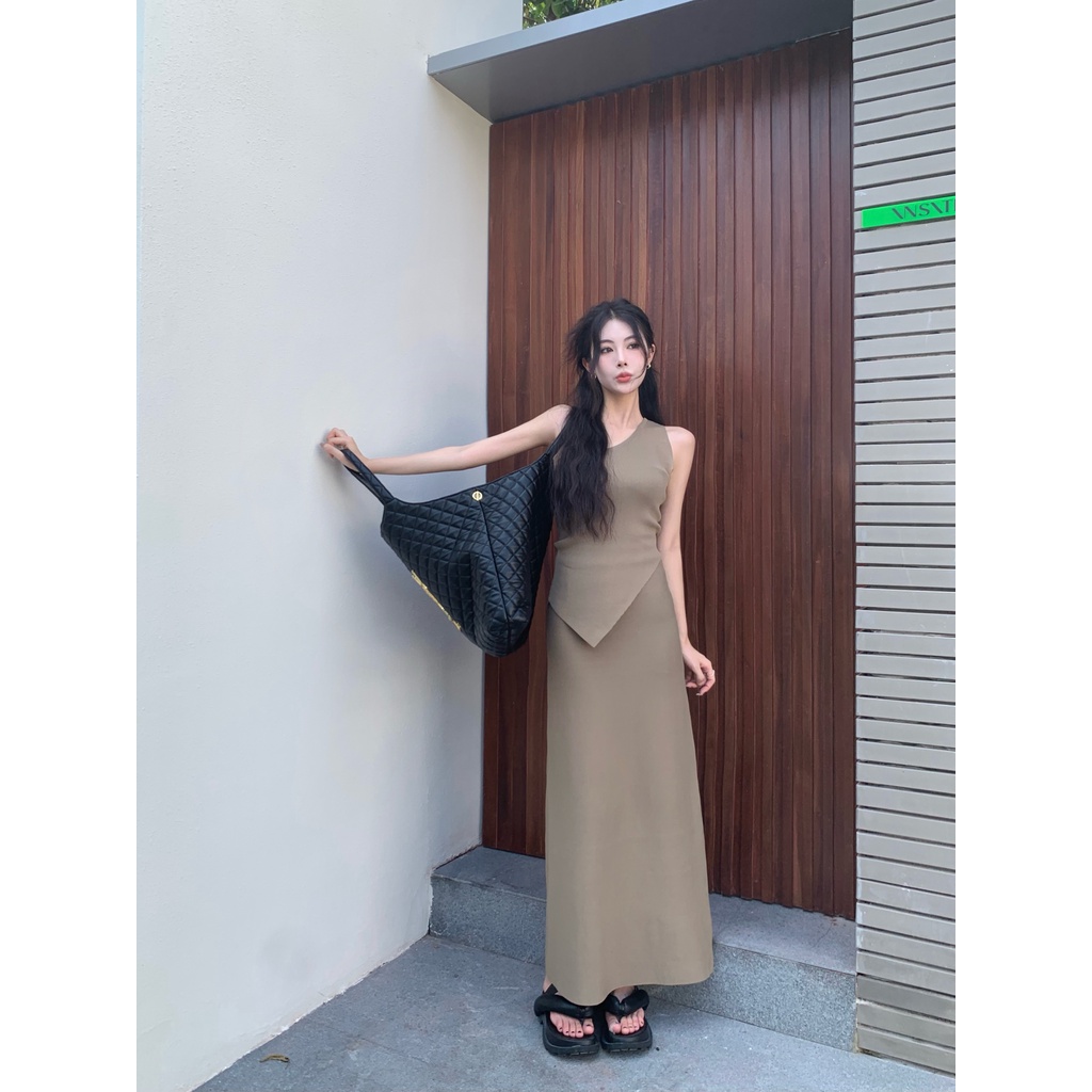 Set/Bộ Len Dệt Kim Áo Lệch Vai Kèm Chân Váy Dài Ôm Body Tôn Dáng - Sốp Nhỏ Order Taobao