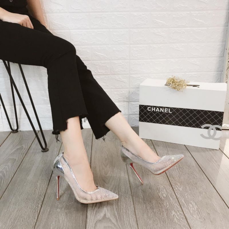 lo Giày Cao Gót 10p Lbt Lưới Đá Gót Bạc Mềm Êm Fullbox Cao Cấp