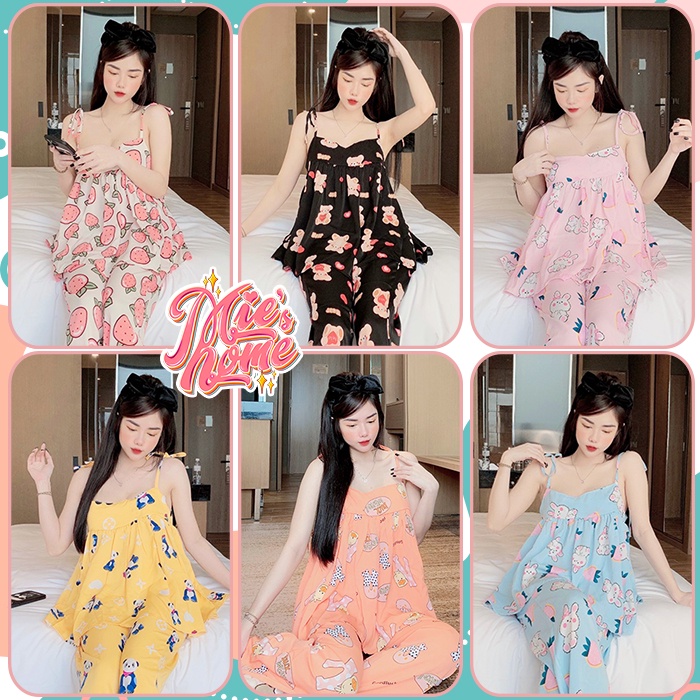 đồ bộ ngủ mặc nhà 2 dây lụa nữ mát mịn