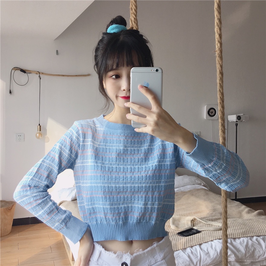 ZHELIHANGFEI Áo Len Tay Dài Họa Tiết Kẻ Sọc Thời Trang Dễ Phối Đồ Cho Nữ
