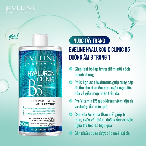 Tẩy trang Eveline Hyaluron Clinic B5 500ml dưỡng ẩm 3 trong 1 lành tính, sạch sâu và cấp ẩm cho da