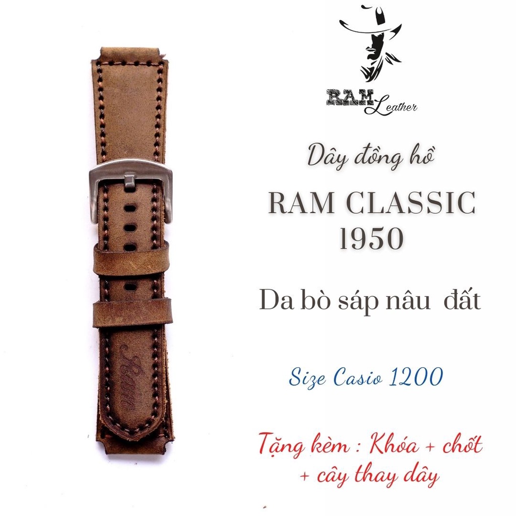 Dây đồng hồ RAM Leather Classic 1950 da bò nâu đất cho CASIO 1200, AE 1200, 1300, 1100, A159 , A168 , Size 18
