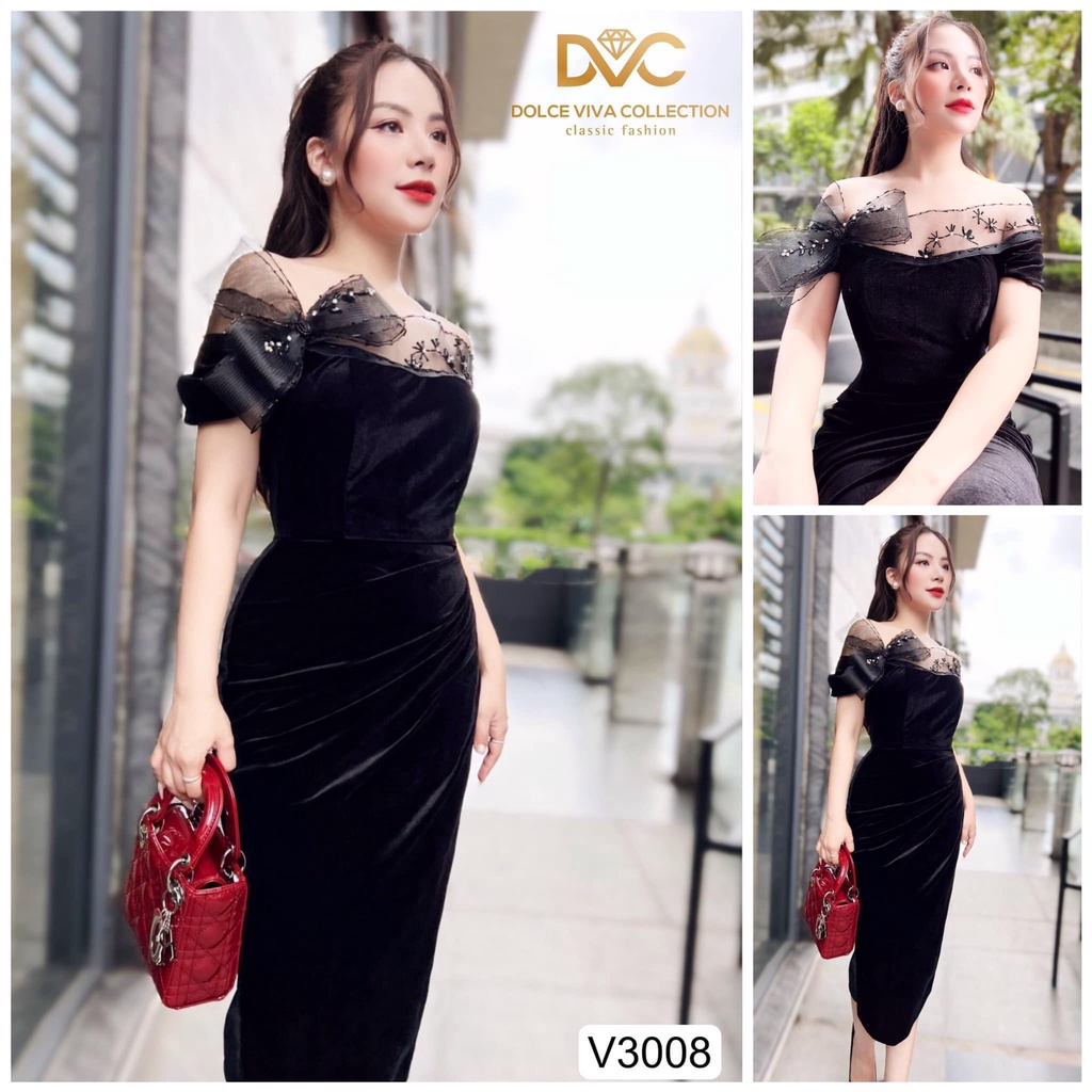 Váy dự tiệc thiết kế màu đen chất nhung cao cấp phối ren ngực V3008- DVC