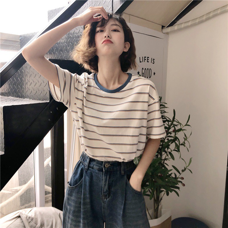 Áo Thun Nữ Ulzzang cổ tròn, Áo Phông Nữ kẻ ngang Hàn Quốc C49 - MaoMao