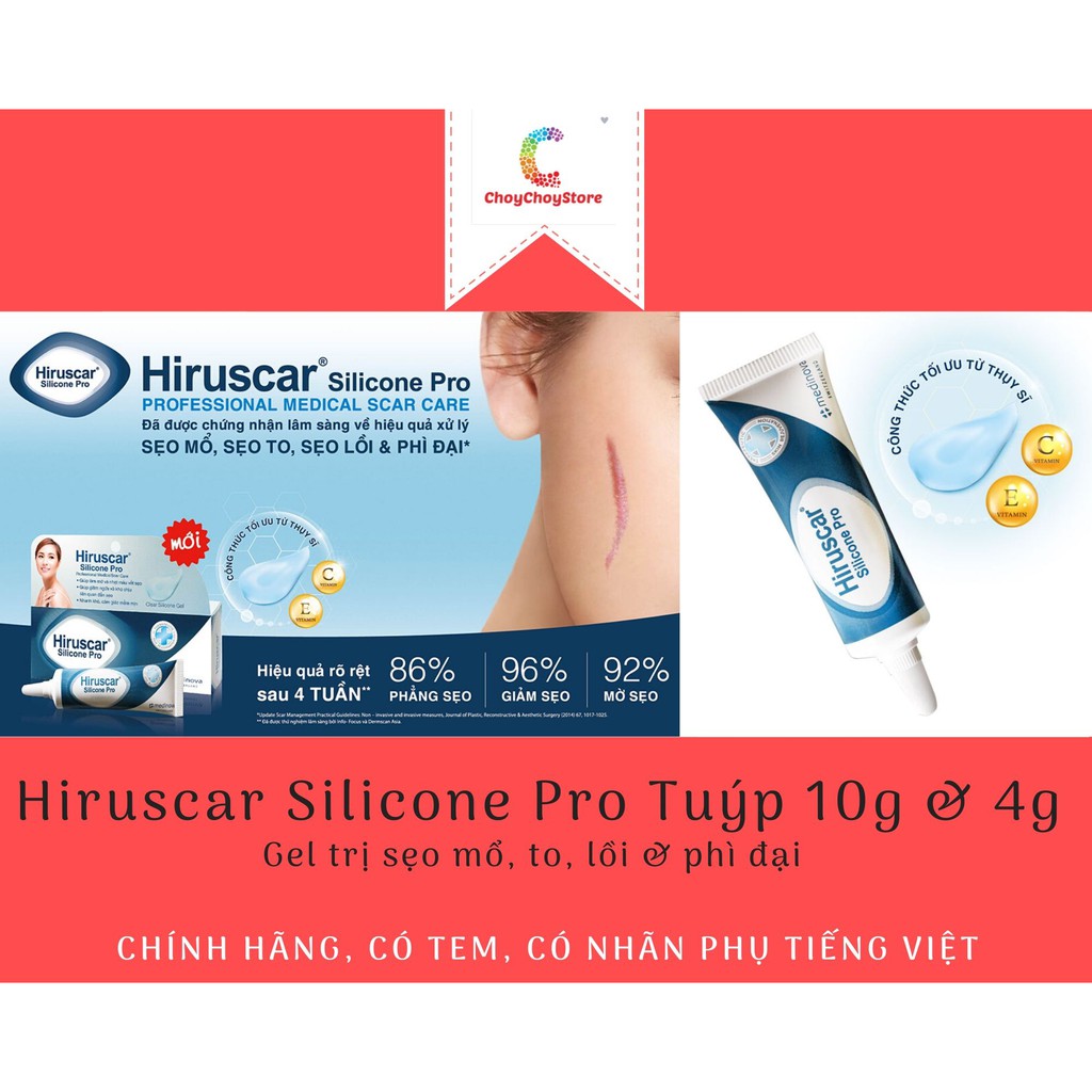 [CHÍNH HÃNG CÓ TEM] HIRUSCAR Silicone Pro Tuýp 10g & 4g - Gel hỗ trợ giảm sẹo mổ, to, lồi & phì đại