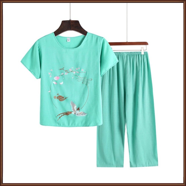 Bộ Đồ Ngủ Vải Cotton Lanh Áo Tay Ngắn Cổ Tròn Phối Quần Dài Ống Rộng Thoải Mái Cho Nữ