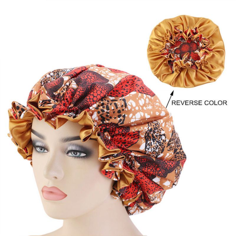 Han Mũ Satin Hai Lớp Siêu Lớn Ankara Bonnets Có Thể Đảo Ngược Viền Gợn Sóng Lớn Co Giãn Khi Ngủ Cho Nữ