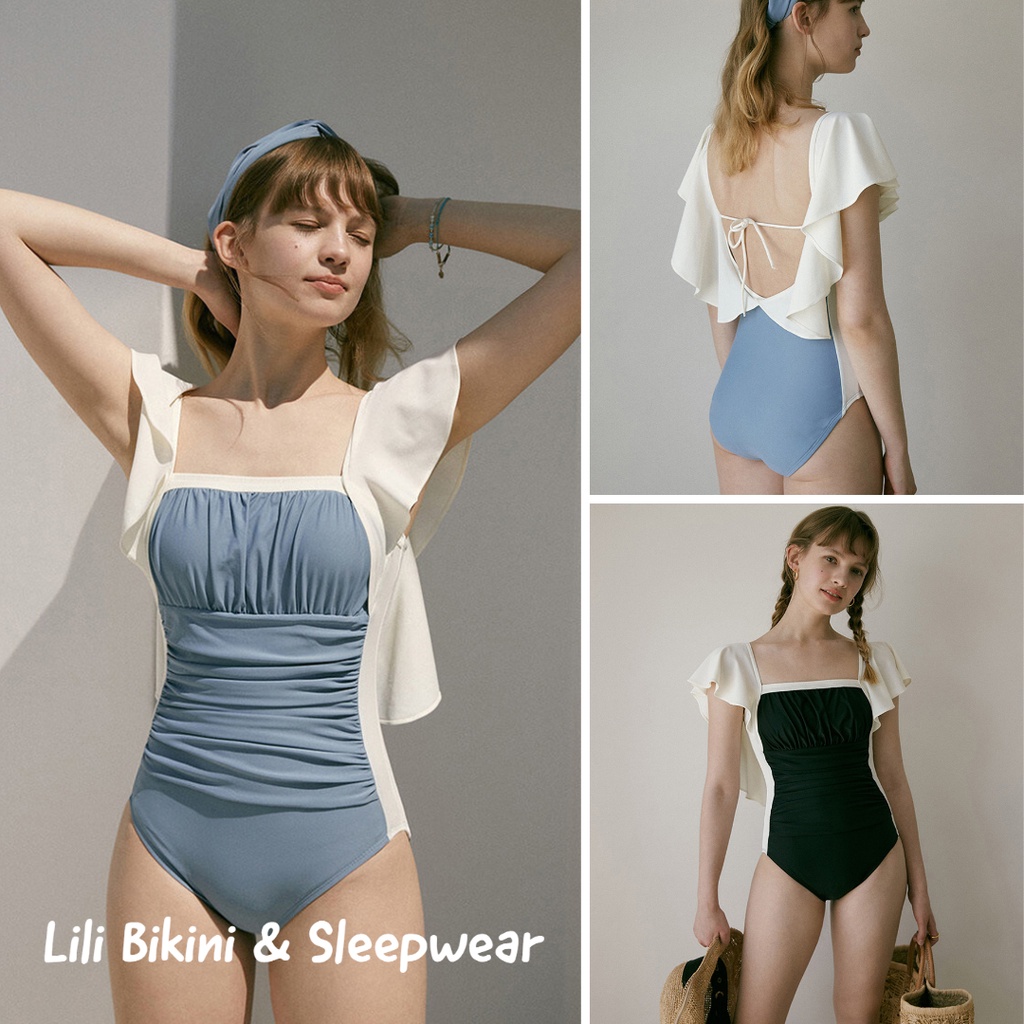 Bikini Hàn Quốc cao cấp tay bèo che cánh tay to, nhún eo giấu bụng siêu đỉnh tôn dáng, một mảnh xanh, đen