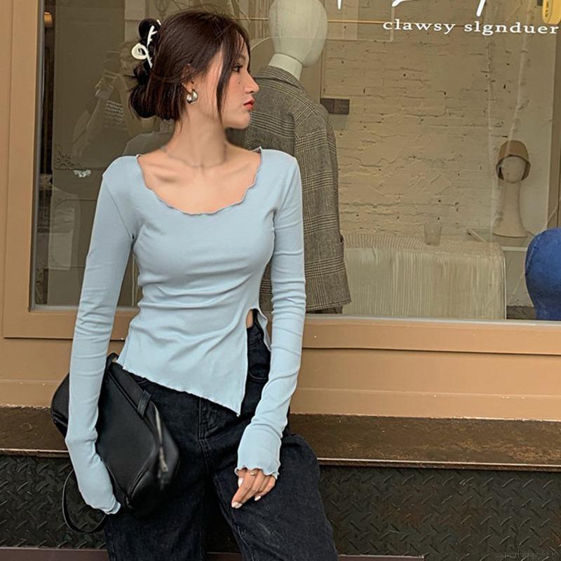 Áo Thun Tay Dài Dáng Ôm Kiểu Hàn Quốc Thiết Kế Lệch Tà Cá Tính Cho Nữ
