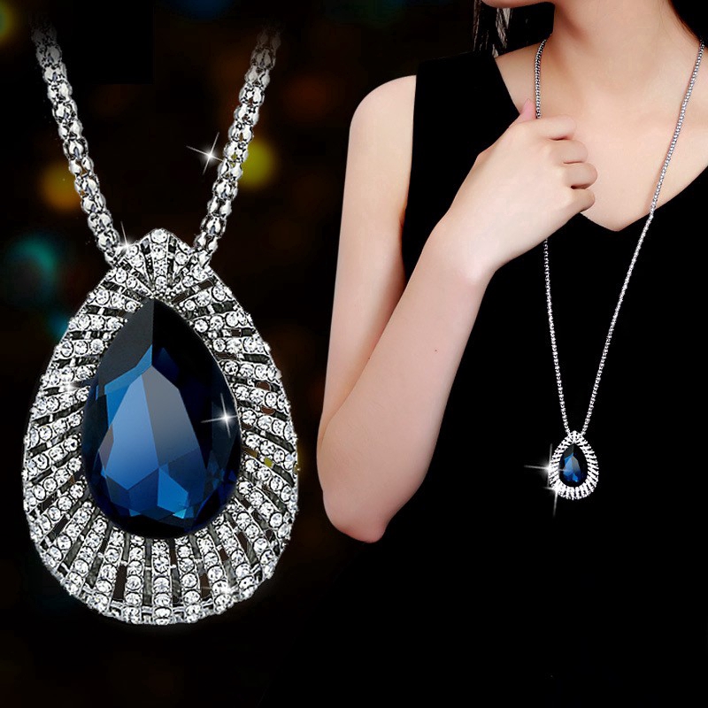 Vòng cổ Etrendy dáng dài mặt hình giọt nước đính đá pha lê xanh phong cách cổ điển thời trang mới cho nữ