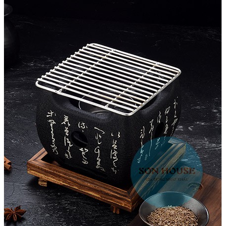 Bếp nướng, lò nướng mini kiểu Nhật Bản hình vuông màu đen bằng gang (Size lớn)