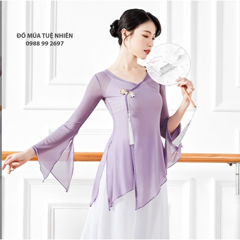 Áo tập múa cổ trang, tập yoga xẻ tà, tay loe xẻ tà cúc cài kèm dây tua rua A133