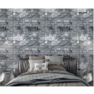 DECAL 1M PVC giấy dán tường khổ 60cm (có sẵn keo dán) - GẠCH XÁM IN CHỮ PHỐ CỔ QR016