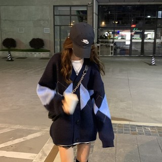 Cardigan retro họa tiết hình thoi tím than dáng dài