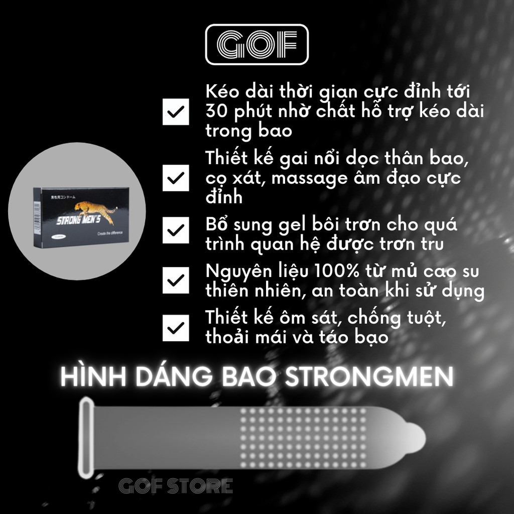 Bao cao su gân gai STRONG MEN con báo 4 in 1 Nhật Bản Hộp 12 cái - GoF