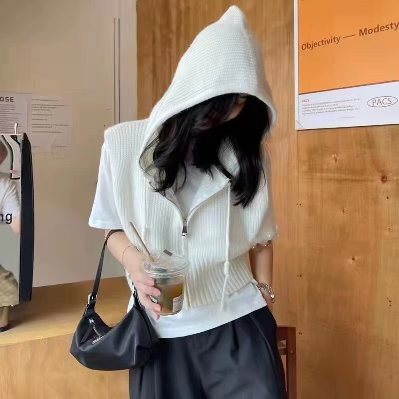 Áo khoác dệt kim XIAOZHAINV sát nách có mũ trùm phong cách retro Hàn Quốc thời trang 3 màu tùy chọn