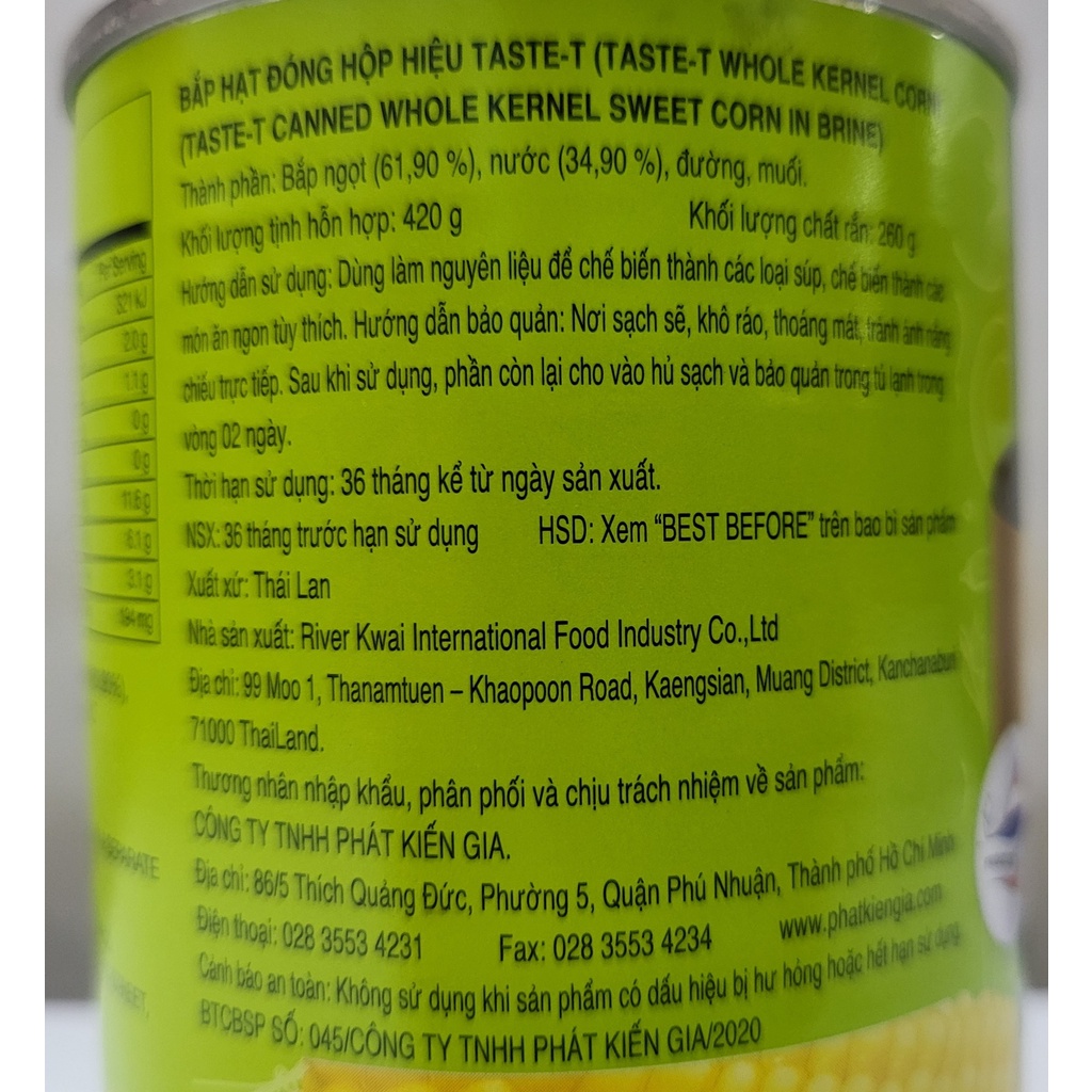 [Hộp 420g] BẮP HẠT ĐÓNG HỘP [Thailand] TASTE-T Whole Kernel Corn (halal) (pkg)