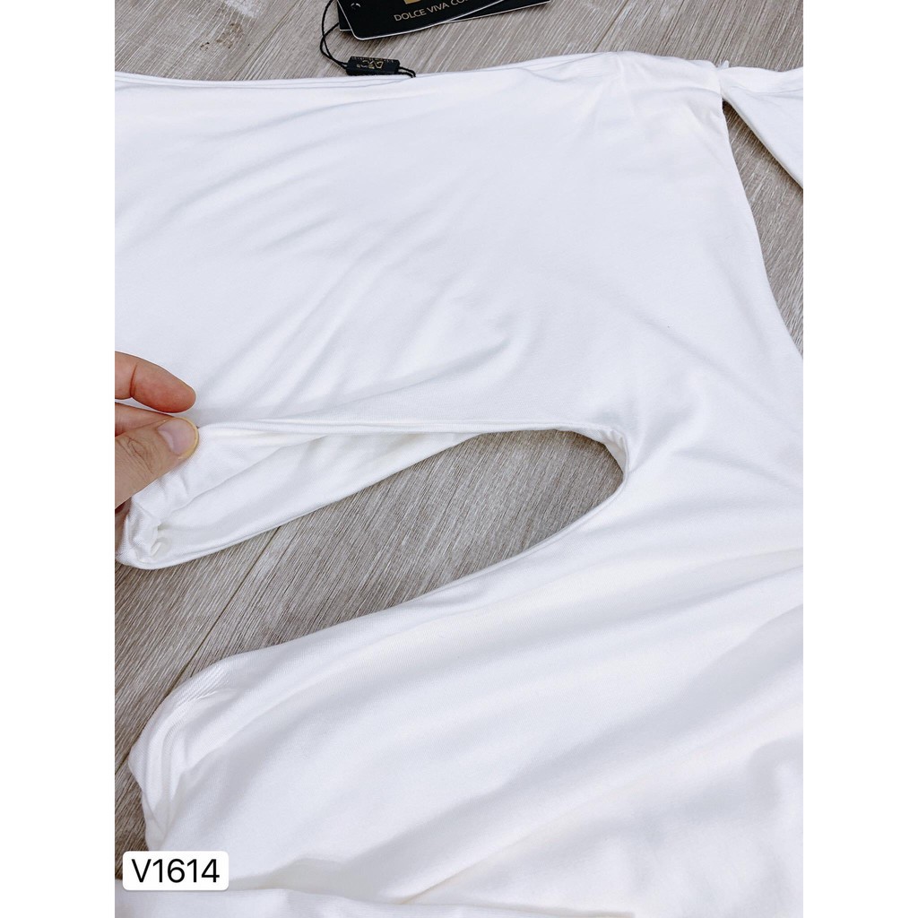 [Ken93] Đầm body trắng 💗 Đẹp DVC ❤️ Đầm body ôm xẻ eo lệch vai V1614 Freesize 54kg trở về
