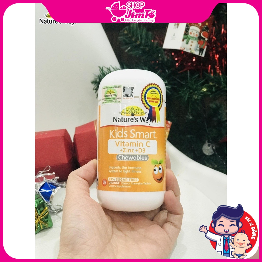 Viên Nhai Nature's Way Vitamin C, ZinC, D3 vị cam  Bổ Sung Vitamin Và Khoáng Chất Cho Bé Hộp 75 Viên