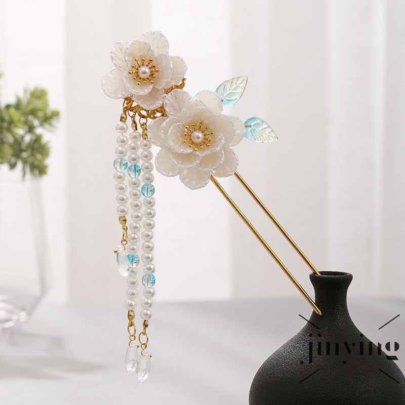 GETNOIVAS Trâm cài tóc trang trí hình hoa trắng bằng ngọc bích giả phối tua rua xâu hạt ngọc trai giả hợp với sườn xám của bạn nữ