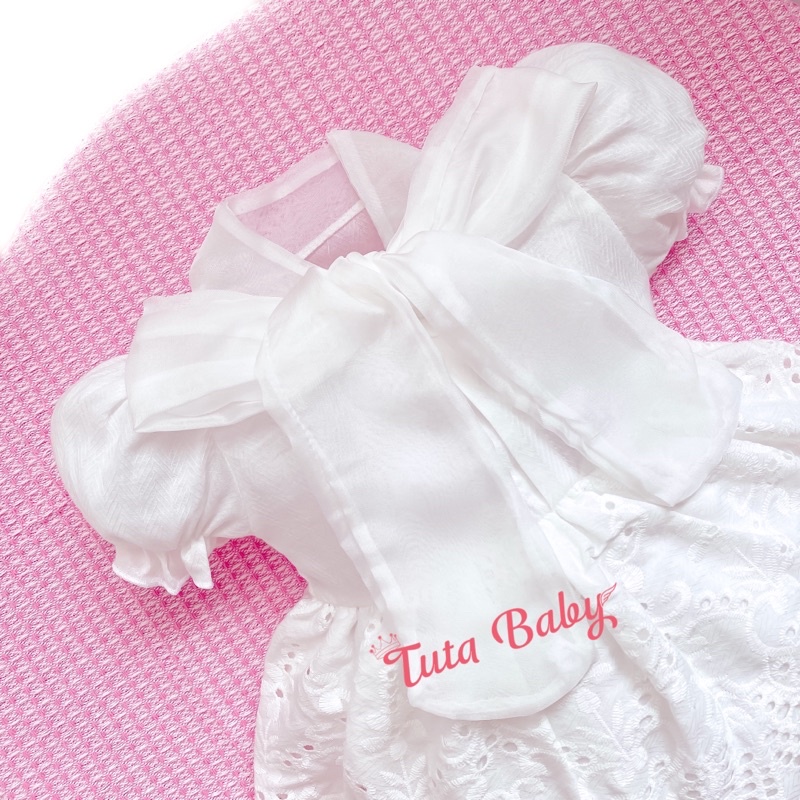 Bodysuit Cho Bé Gái Thô Boil Trắng Chân Ren Cổ Nơ Tiểu Thư, Kèm Mũ Cho Bé Đi Chơi, Đi Tiệc, Thôi Nôi, Đầy Tháng