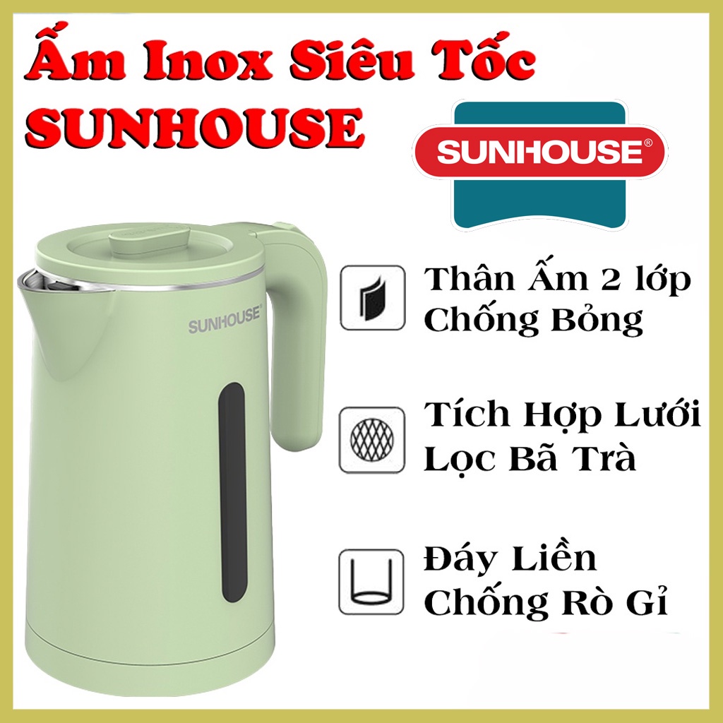 Ấm Đun Nước Sêu Tốc- Ấm Siêu Tốc INOX 2 Lớp Cao Cấp 1.8L SUNHOUSE SHD1353