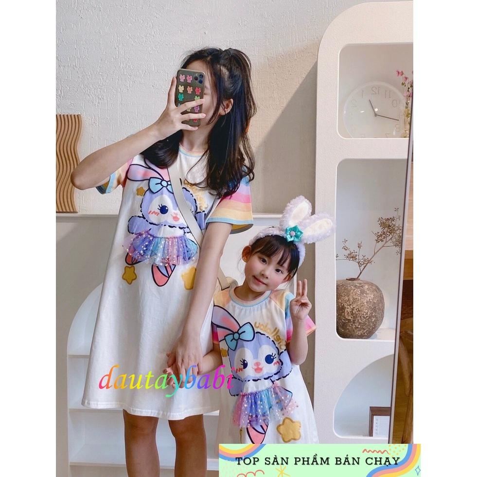 Váy đầm bé gái dáng suông đính họa tiết in thỏ chất cotton mềm mịn mùa hè  cho bé 10-40kg