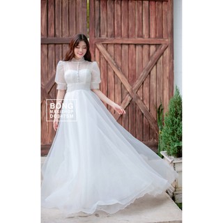 BỐNG MAXISHOP - DC347 - Đầm Cưới Xốp Trắng/Đỏ Cổ Trụ Xếp Li Eo