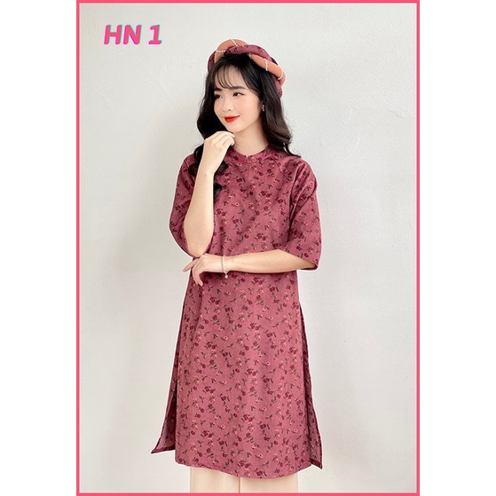 Mã HN-1 - Áo Dài Hoa Nhí Màu Bã Trầu - Mẫu Cách Tân Lụa Nhung Tăm Dáng Suông