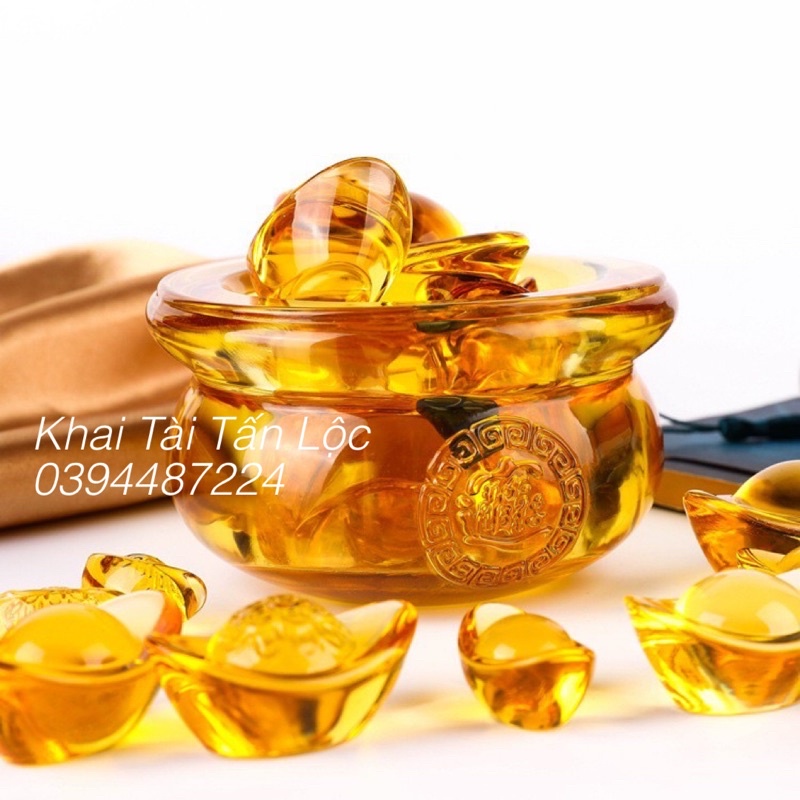 Bộ hũ vàng - bát tụ bảo lưu ly tí hon 5cm và 12 thỏi vàng chiêu tài Lộc