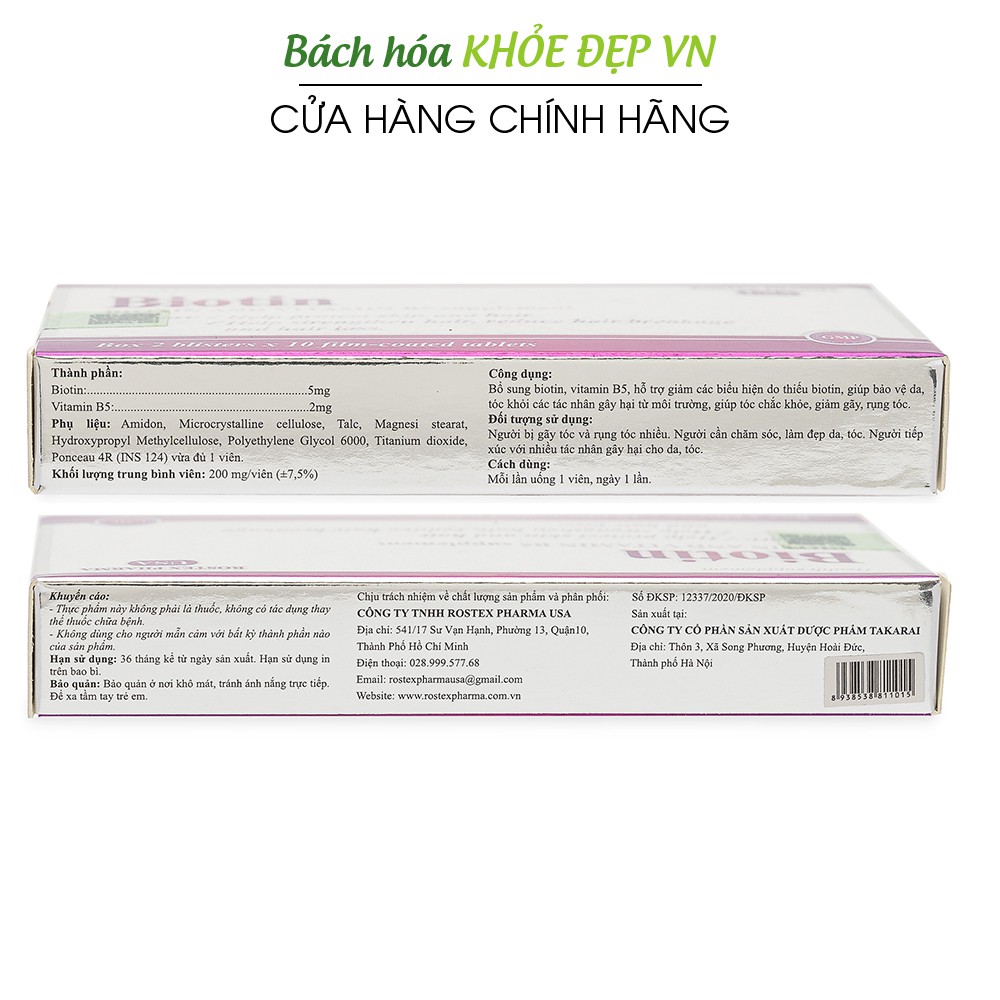 Viên uống bổ sung Biotin, Vitamin B5 giúp tóc chắc khỏe, giảm gãy rụng tóc - Hộp 20 viên | BigBuy360 - bigbuy360.vn