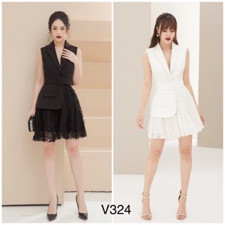 JANGMI - V324 VÁY XOÈ CỔ VEST PHA CHÂN REN KÈM ĐAI